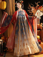 Traditional tang hanfu dress inspired by Tang Palace Banquet with big sleeves and graceful restored silhouette.