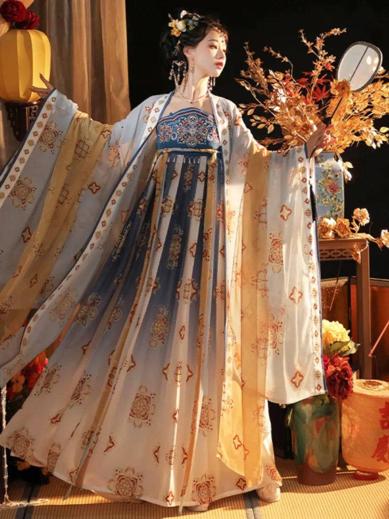 Traditional tang hanfu dress inspired by Tang Palace Banquet with big sleeves and graceful restored silhouette.