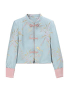 Elegant modern Tang jacket for women with embroidery, jacquard fabric, and traditional frog button details