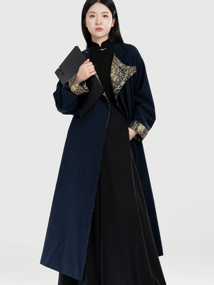 Tang-Style Brocade-Trim Coat, Wide-Leg Pants & Knit Top