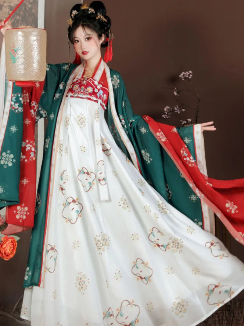 Tang style hanfu showcasing wide sleeves and vibrant traditional patterns