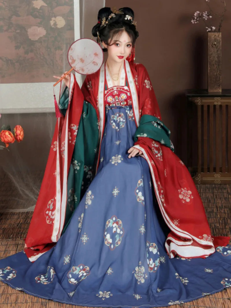 Tang style hanfu showcasing wide sleeves and vibrant traditional patterns