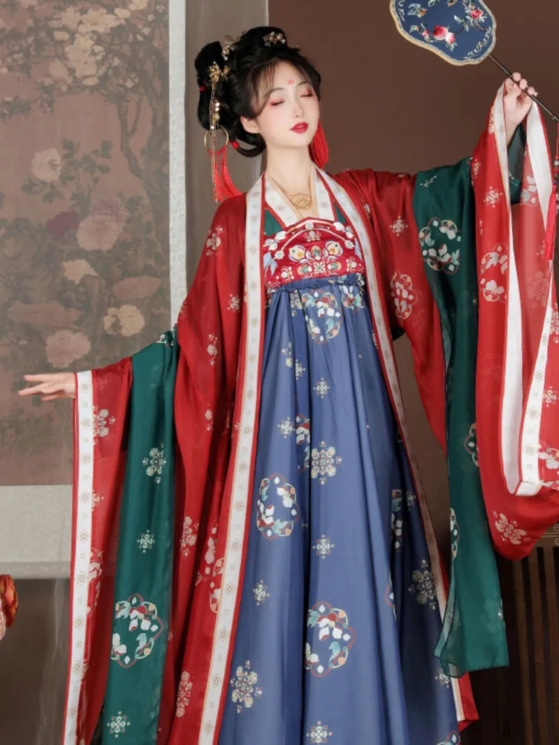 Tang style hanfu showcasing wide sleeves and vibrant traditional patterns