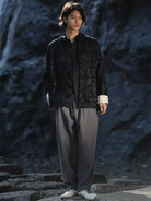 Velvet Tang suit for men with traditional frog buttons and loose-fit design, perfect for autumn and winter wear with a modern Chinese fashion touch.