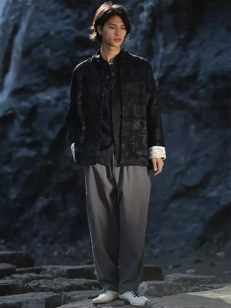 Velvet Tang suit for men with traditional frog buttons and loose-fit design, perfect for autumn and winter wear with a modern Chinese fashion touch.