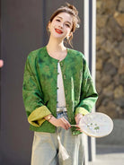 Elegant reversible Tang Suit for women featuring jacquard fabric, classic Chinese button design, and modern fashion silhouette.