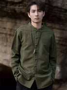 Tang suit Chinese men’s winter jacket with stand collar and fleece lining in solid color design