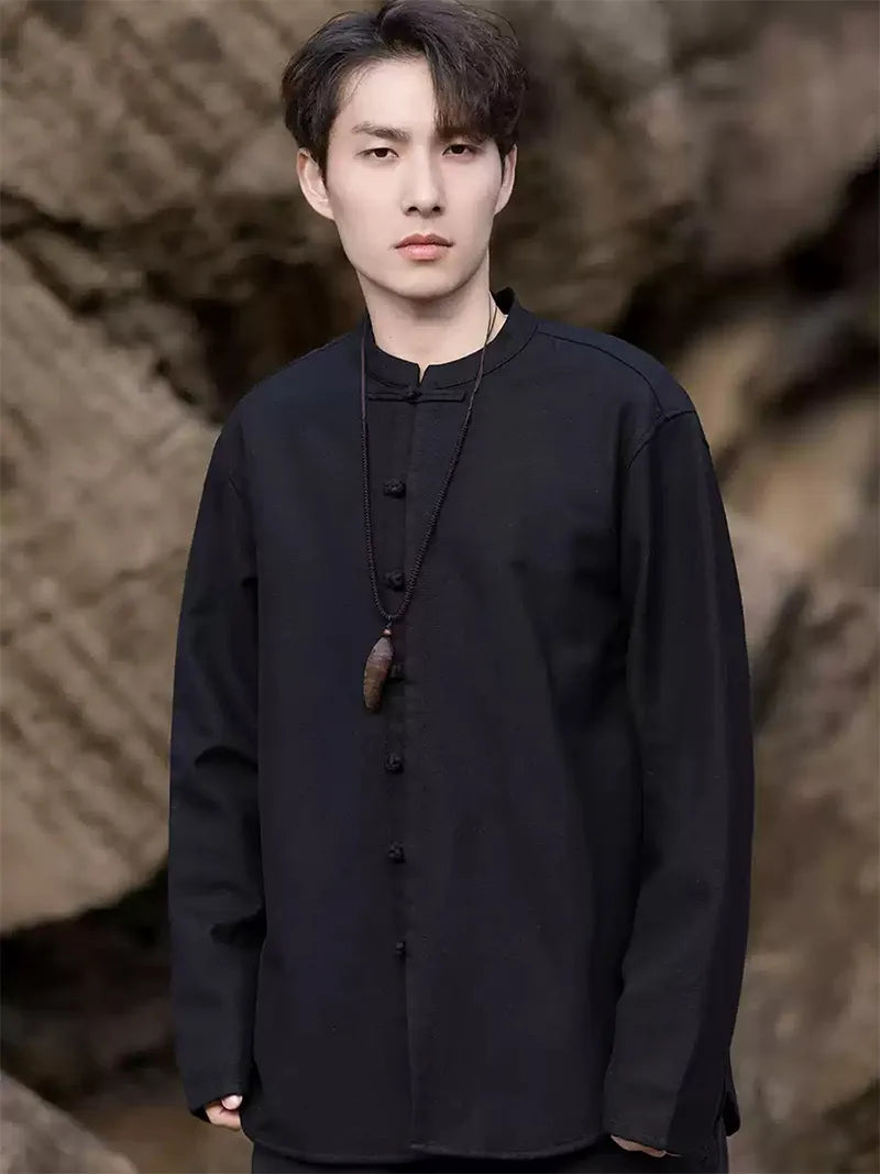 Tang suit Chinese men’s winter jacket with stand collar and fleece lining in solid color design