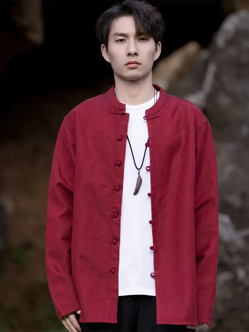 Tang suit Chinese men’s winter jacket with stand collar and fleece lining in solid color design