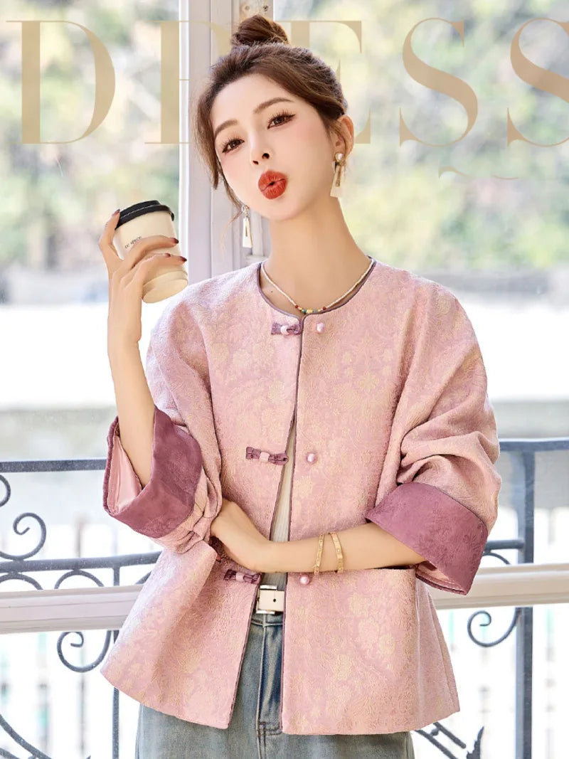 Tang suit female high-end jacquard Chinese jacket with pankou buttons, modern traditional style for elegant women
