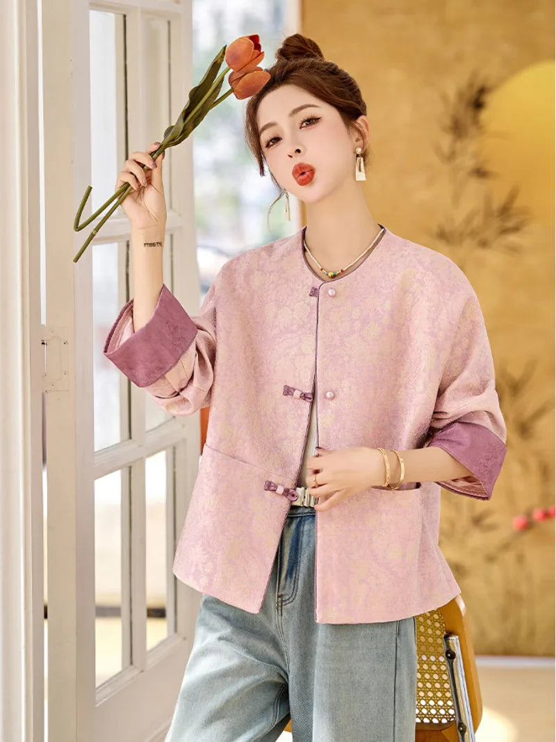 Tang suit female high-end jacquard Chinese jacket with pankou buttons, modern traditional style for elegant women