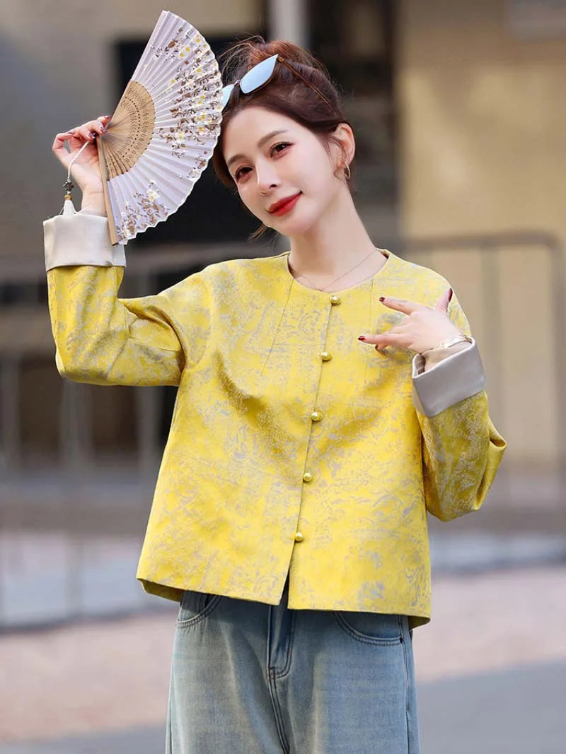 Tang suit female jacquard short jacket with elegant round-neck and modern Chinese style