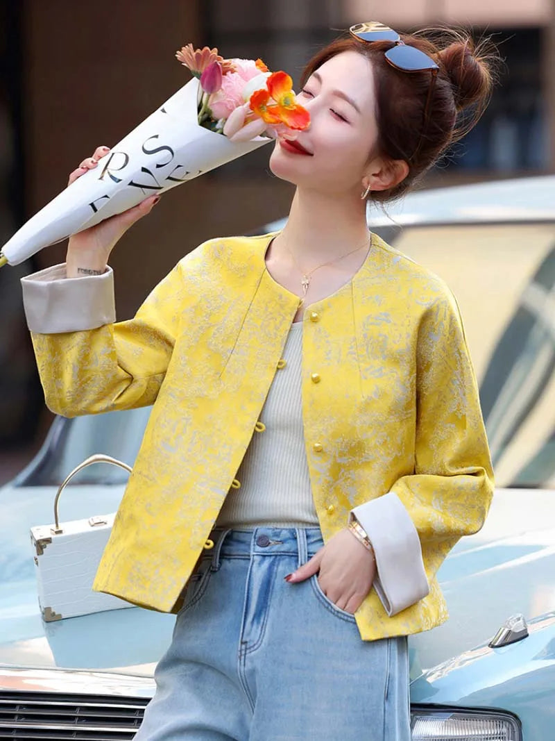 Tang suit female jacquard short jacket with elegant round-neck and modern Chinese style