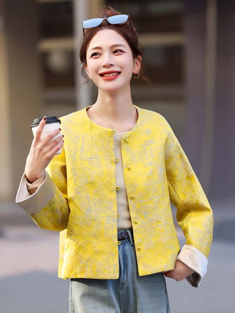 Tang suit female jacquard short jacket with elegant round-neck and modern Chinese style