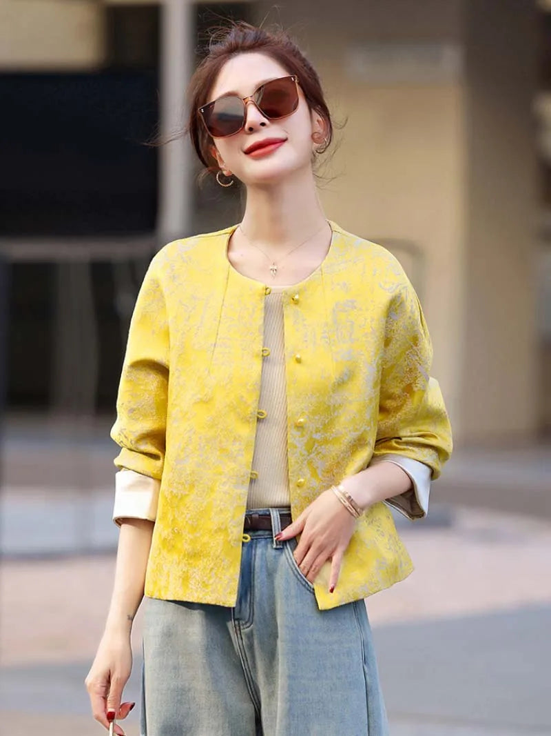 Tang suit female jacquard short jacket with elegant round-neck and modern Chinese style