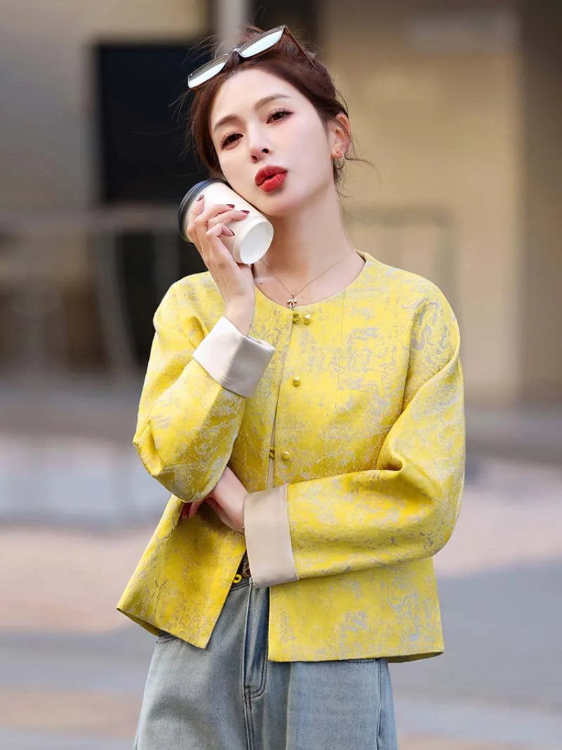 Tang suit female jacquard short jacket with elegant round-neck and modern Chinese style