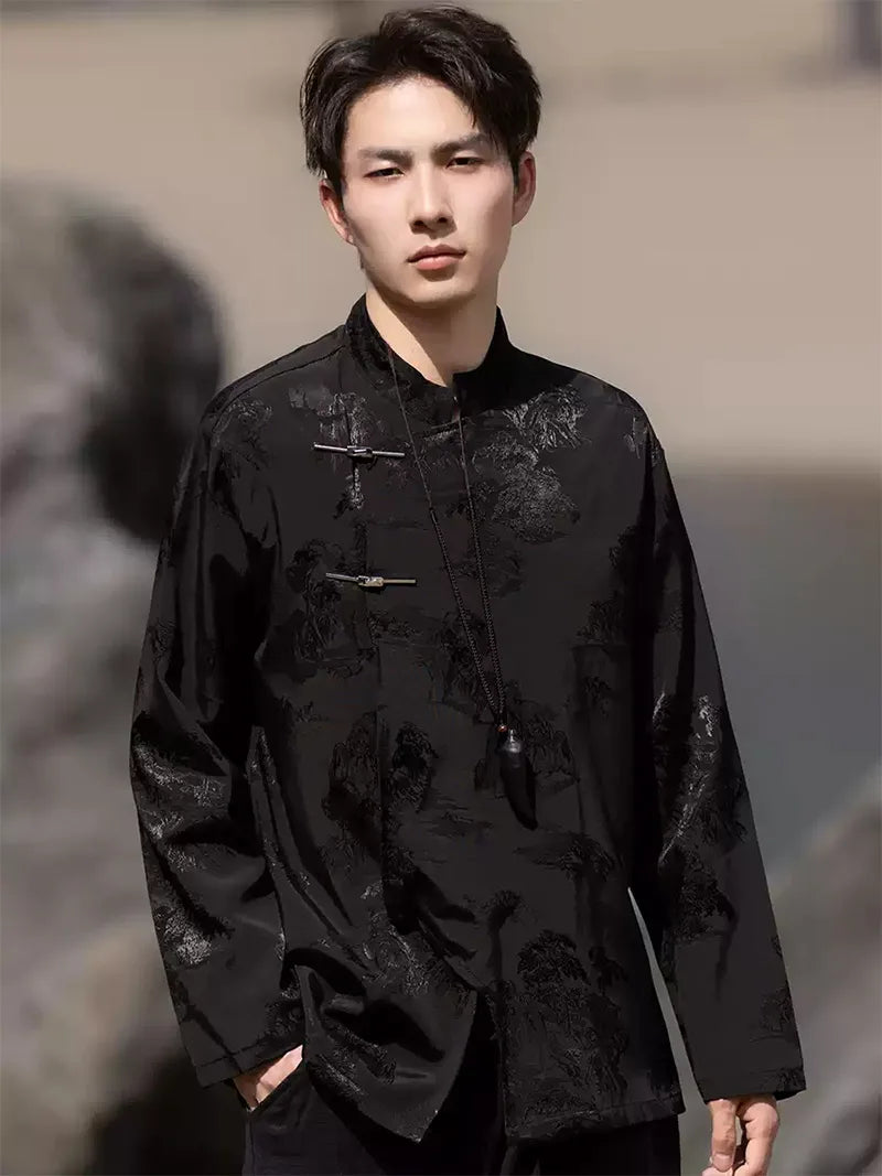 Tang suit jacket for men, modern Chinese style frog button long-sleeve loose jacket