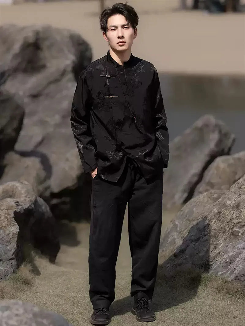 Tang suit jacket for men, modern Chinese style frog button long-sleeve loose jacket