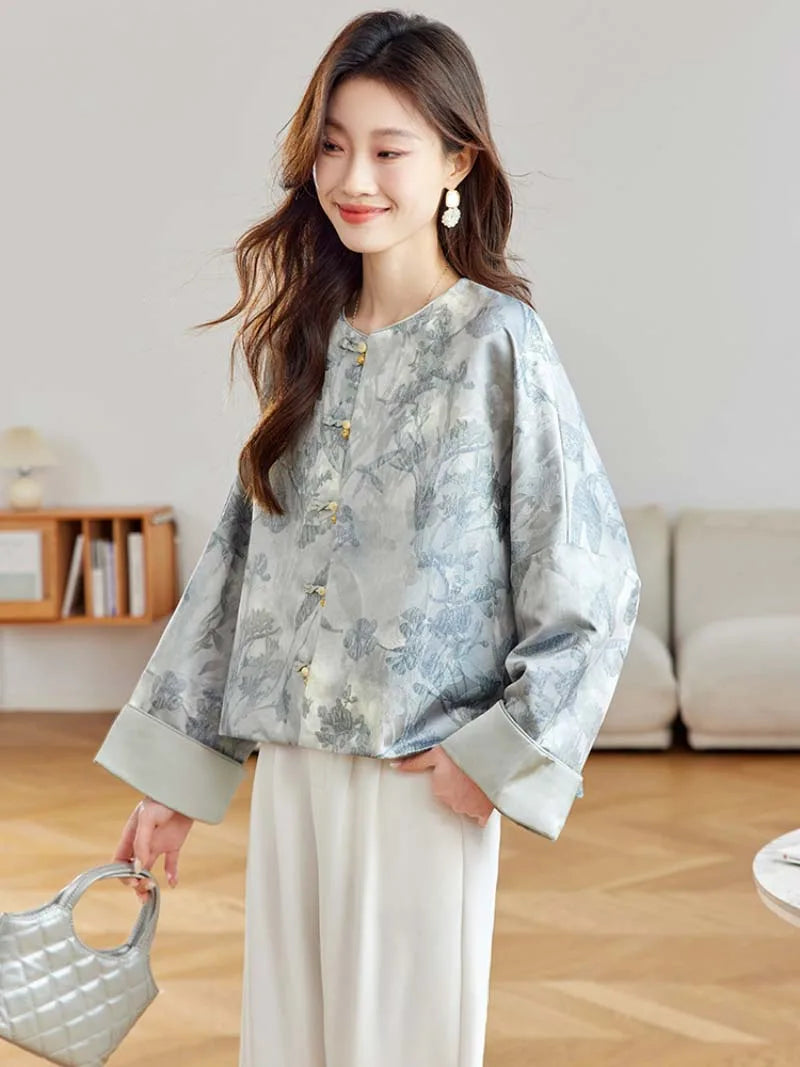 Elegant Tangzhuang jacket for women with jacquard fabric, classic pankou buttons, and modern Chinese vintage-inspired design