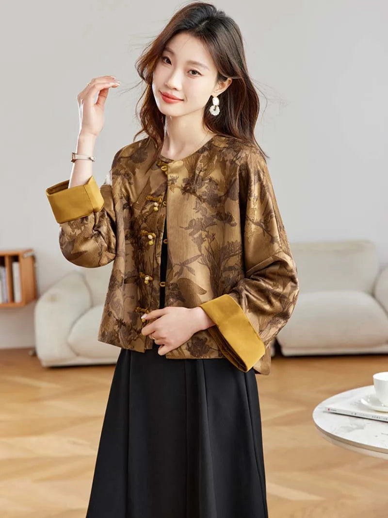 Elegant Tangzhuang jacket for women with jacquard fabric, classic pankou buttons, and modern Chinese vintage-inspired design