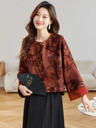 Elegant Tangzhuang jacket for women with jacquard fabric, classic pankou buttons, and modern Chinese vintage-inspired design