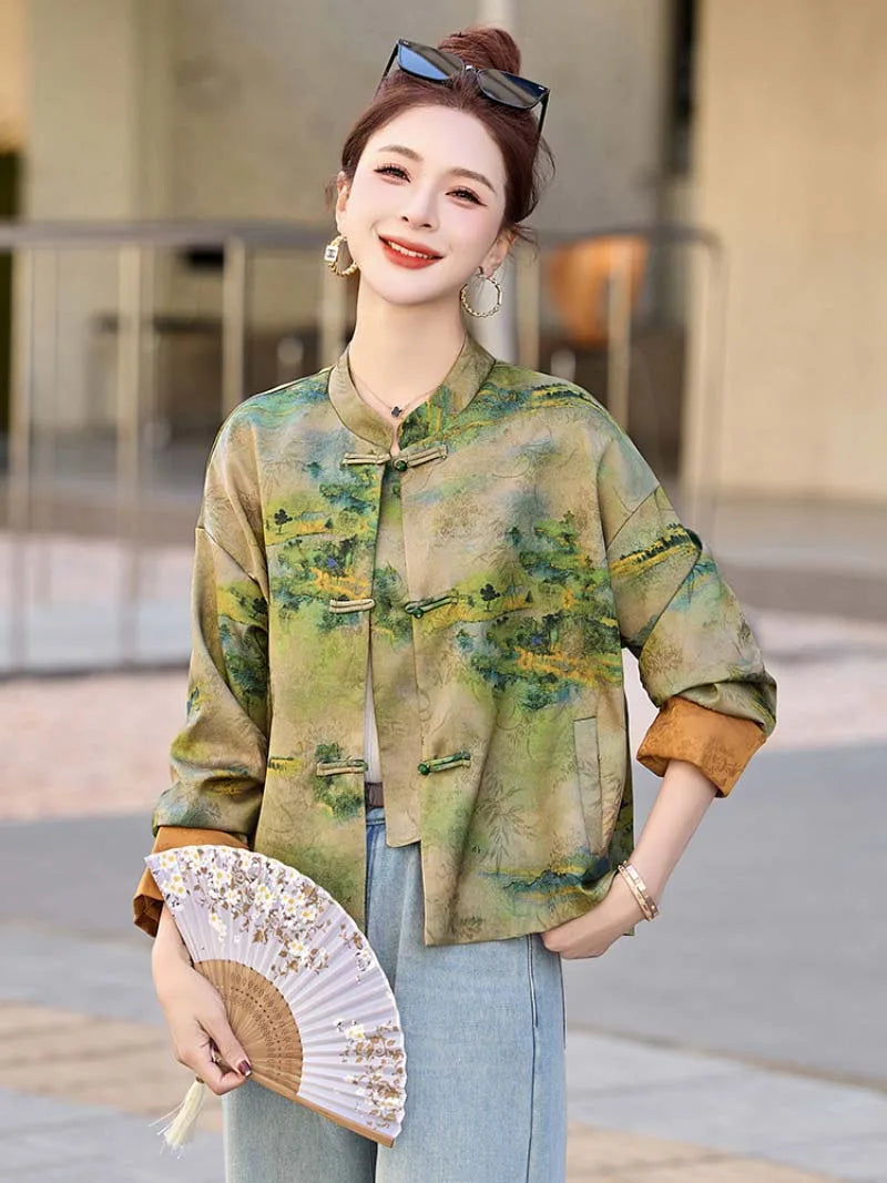 Modern Tangzhuang jacket for women featuring elegant prints, short design, and refined Chinese traditional craftsmanship.