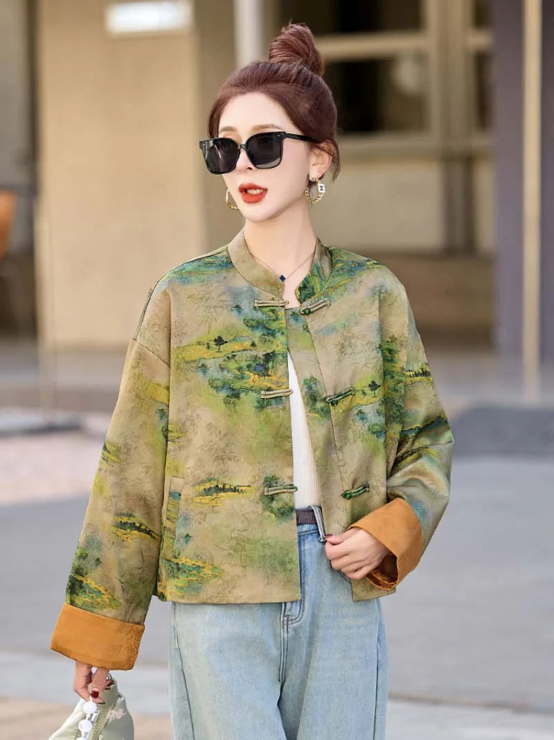 Modern Tangzhuang jacket for women featuring elegant prints, short design, and refined Chinese traditional craftsmanship.