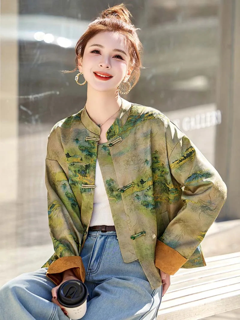 Modern Tangzhuang jacket for women featuring elegant prints, short design, and refined Chinese traditional craftsmanship.