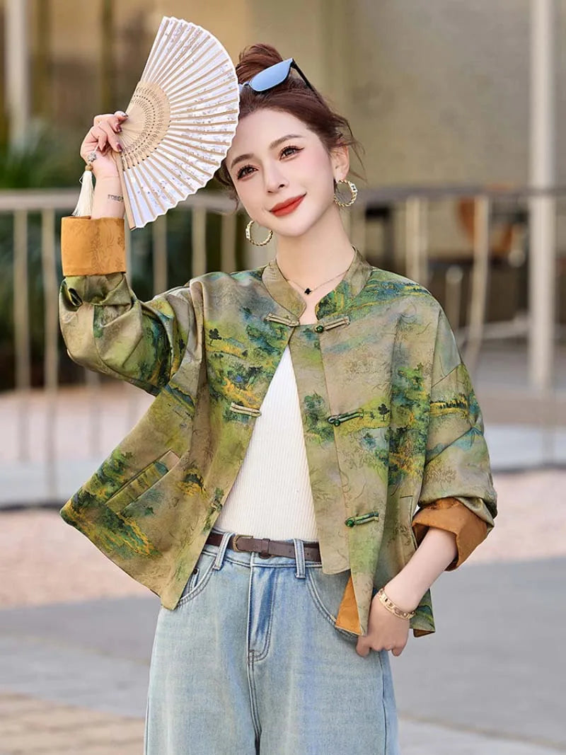 Modern Tangzhuang jacket for women featuring elegant prints, short design, and refined Chinese traditional craftsmanship.