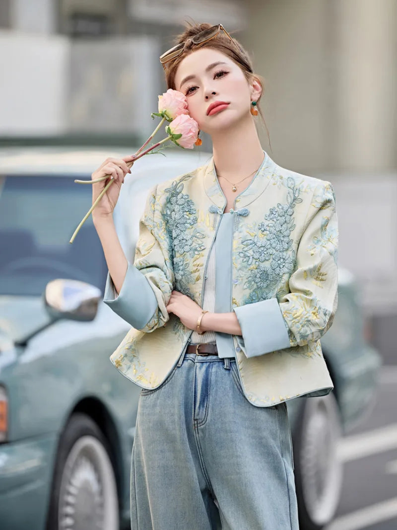 Elegant embroidered Tangzhuang women jacket with modern Chinese design and slim-fit silhouette