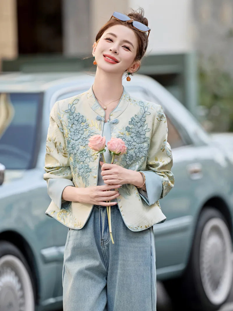 Elegant embroidered Tangzhuang women jacket with modern Chinese design and slim-fit silhouette
