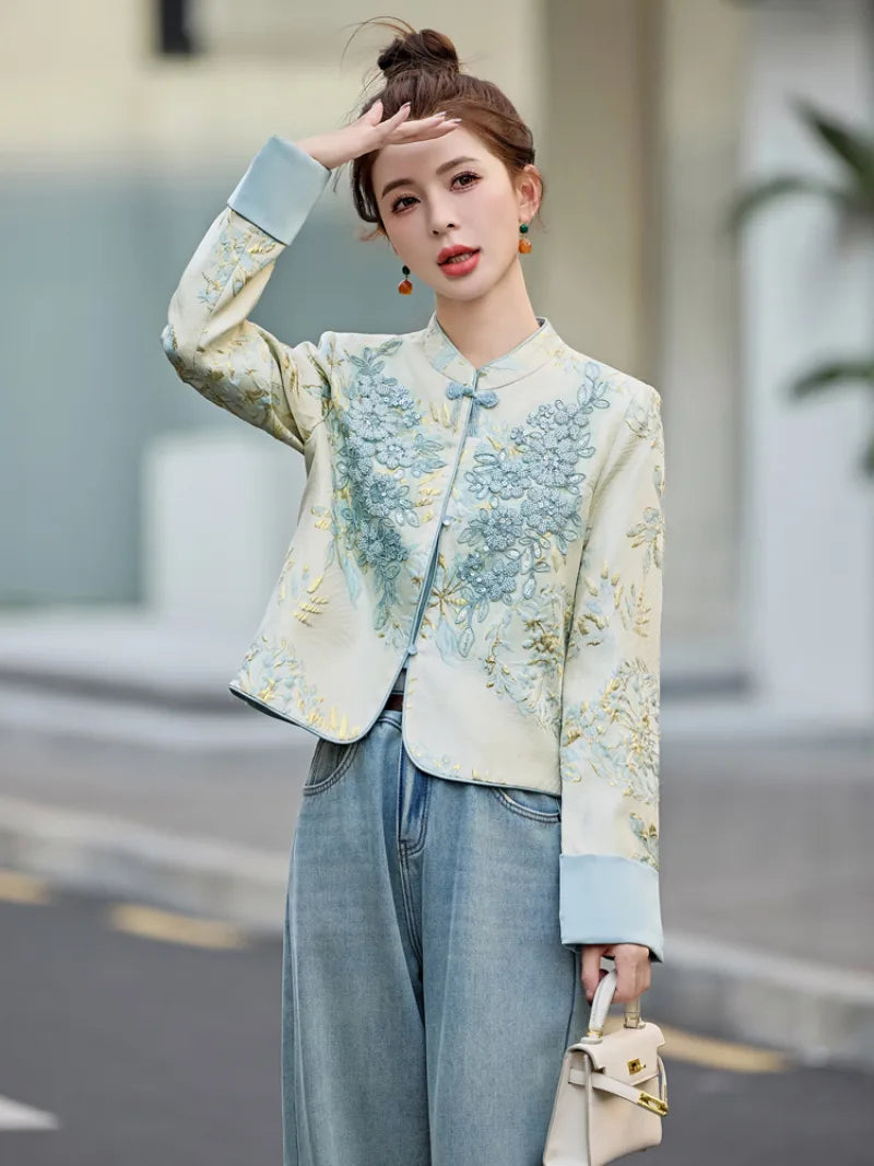Elegant embroidered Tangzhuang women jacket with modern Chinese design and slim-fit silhouette
