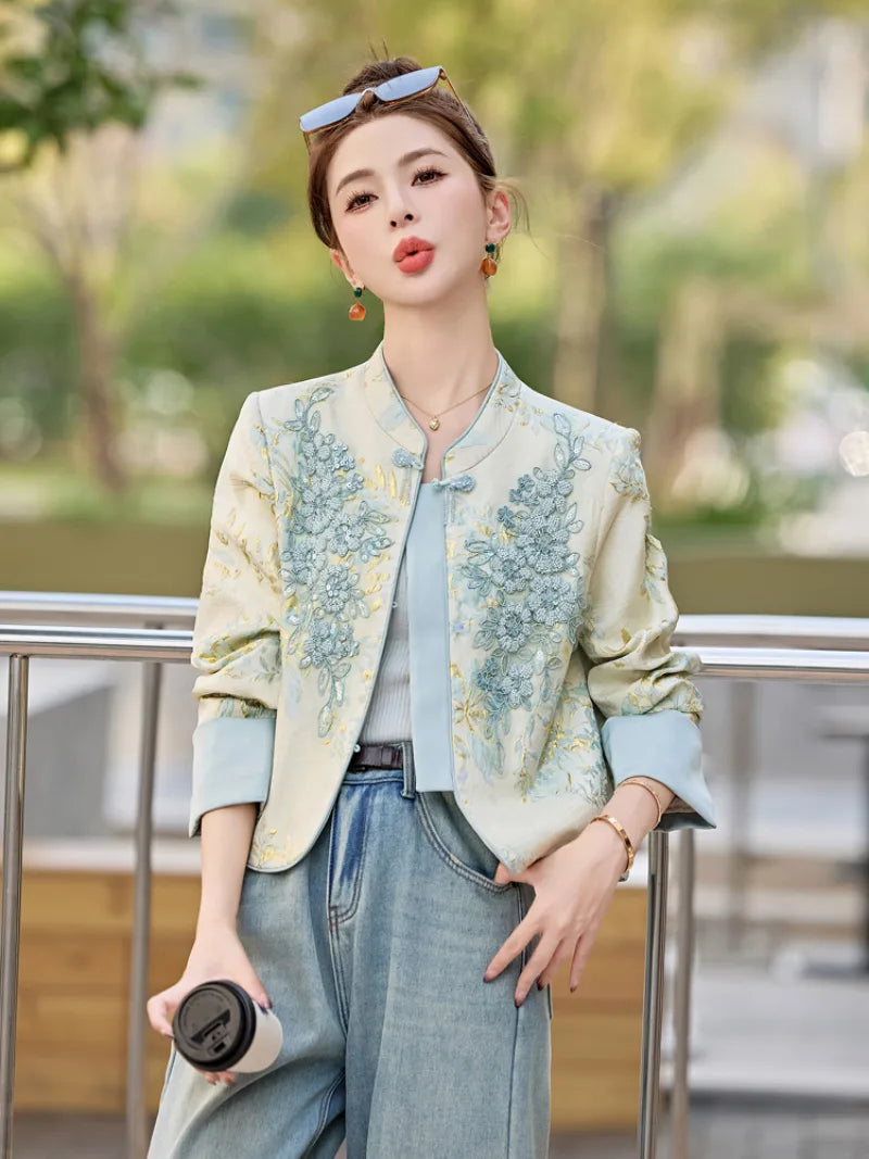 Elegant embroidered Tangzhuang women jacket with modern Chinese design and slim-fit silhouette