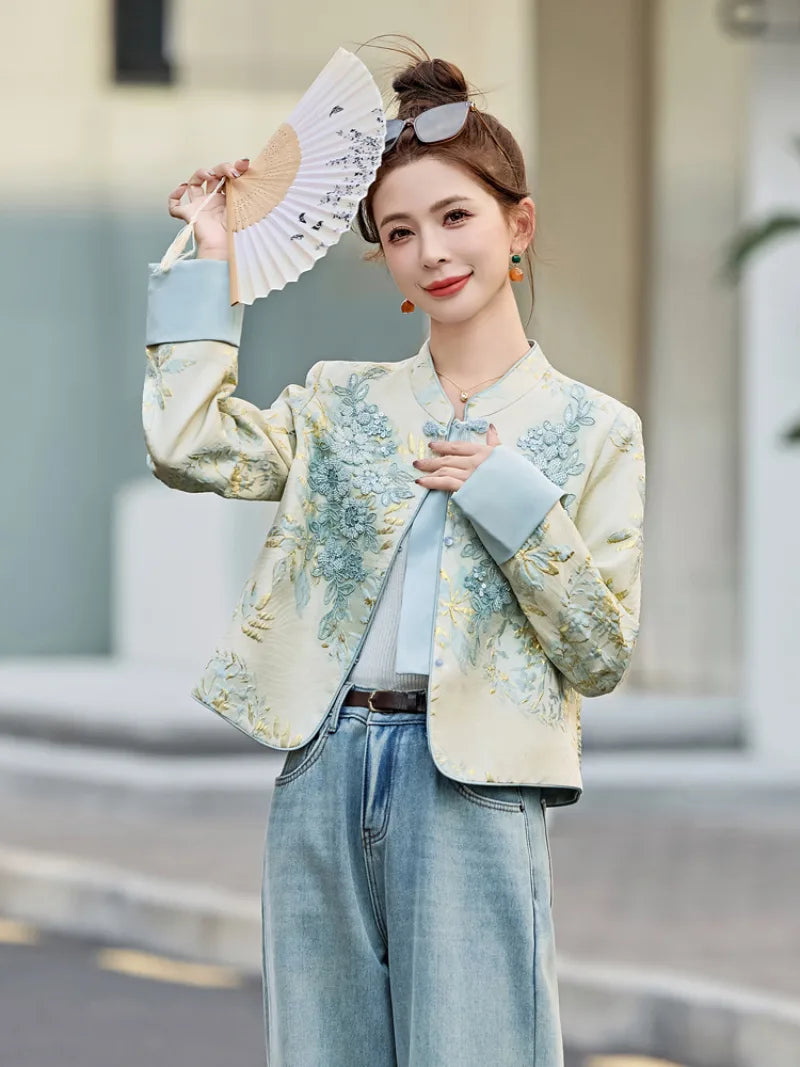 Elegant embroidered Tangzhuang women jacket with modern Chinese design and slim-fit silhouette