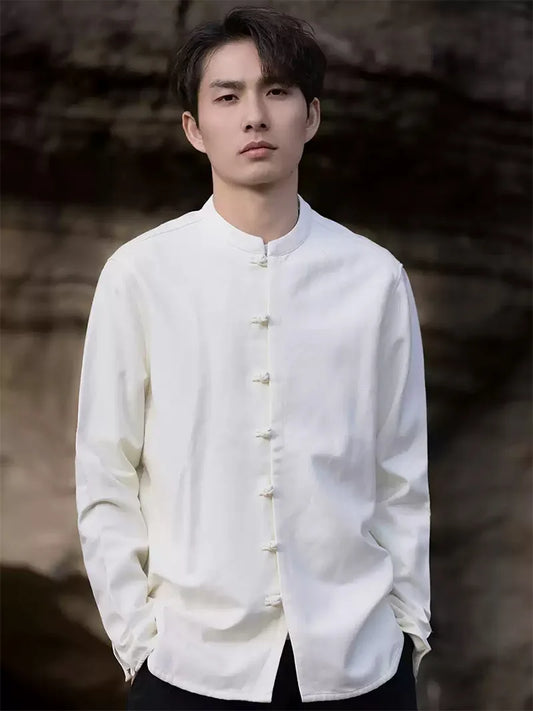 The Tang Suit | Classic Solid Color Linen Mandarin Collar Shirt for Men