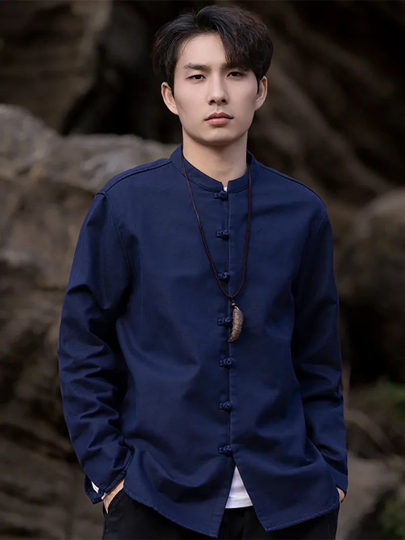 The Tang Suit | Classic Solid Color Linen Mandarin Collar Shirt for Men