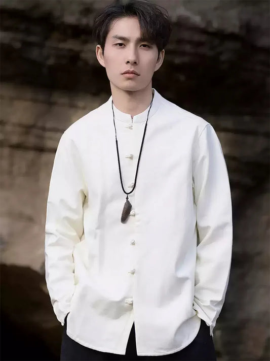 The Tang Suit | Classic Solid Color Linen Mandarin Collar Shirt for Men