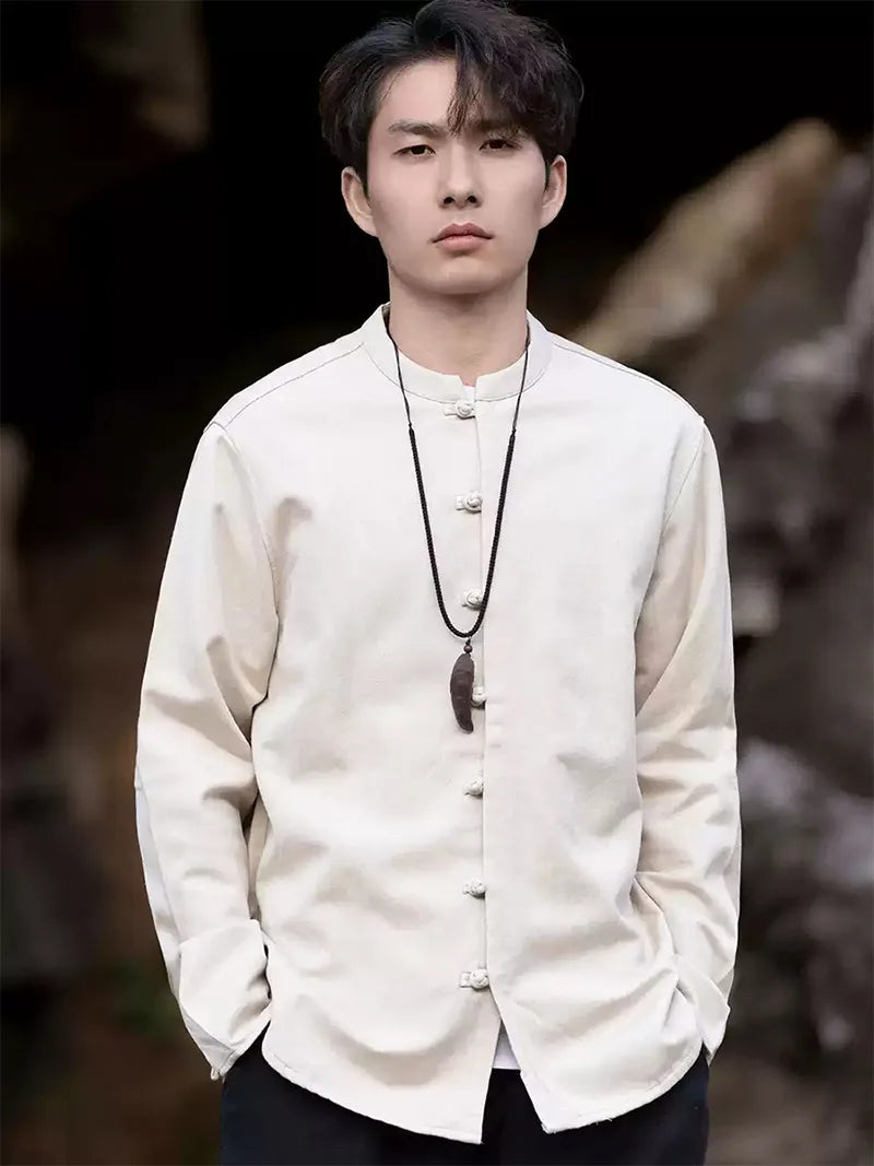 The Tang Suit | Classic Solid Color Linen Mandarin Collar Shirt for Men