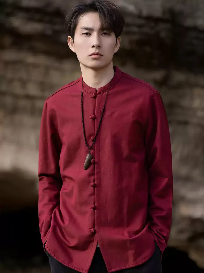 The Tang Suit | Classic Solid Color Linen Mandarin Collar Shirt for Men