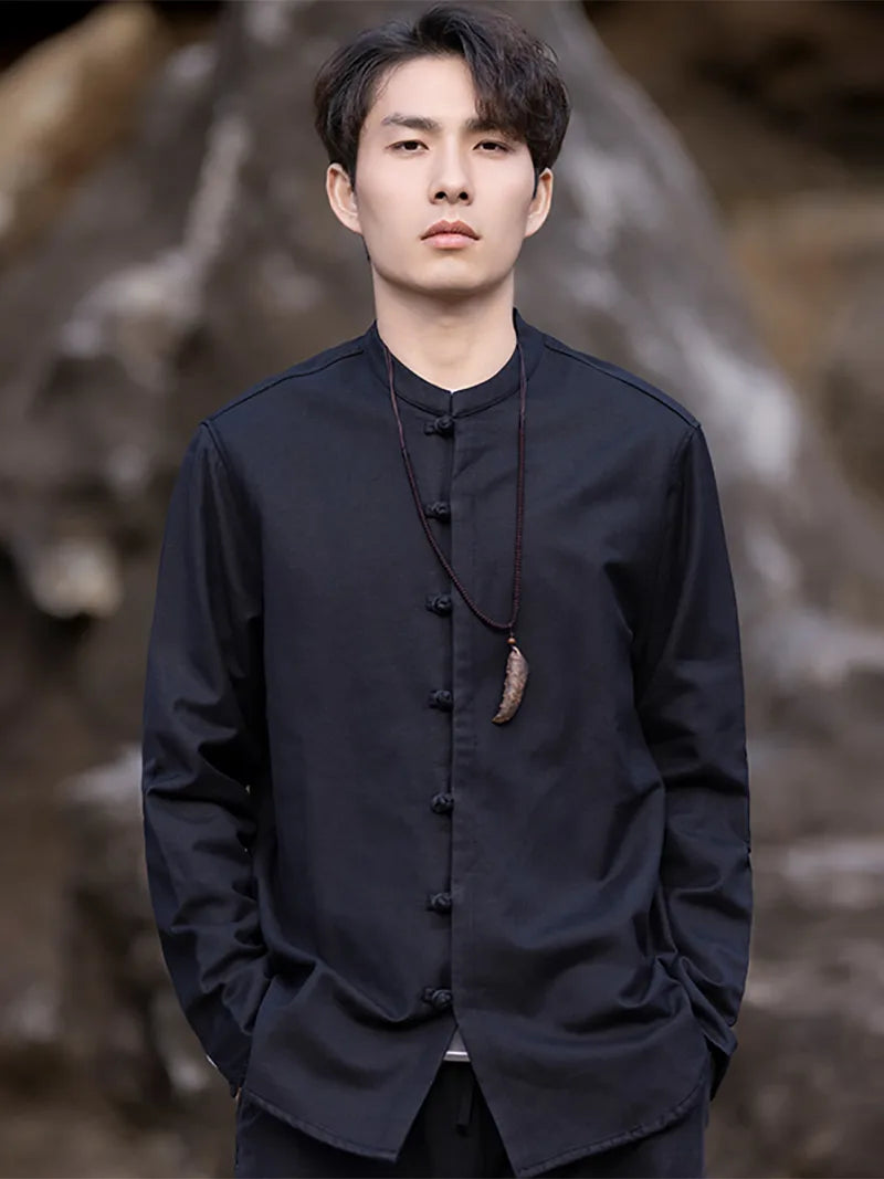 The Tang Suit | Classic Solid Color Linen Mandarin Collar Shirt for Men