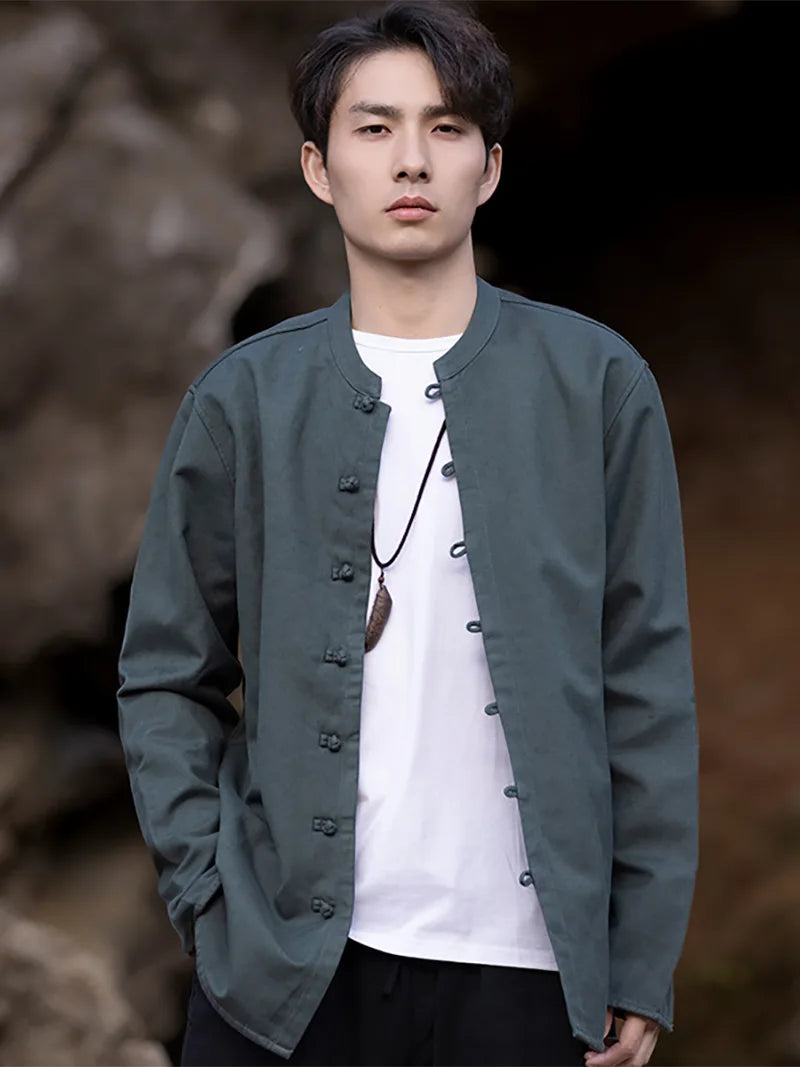 The Tang Suit | Classic Solid Color Linen Mandarin Collar Shirt for Men