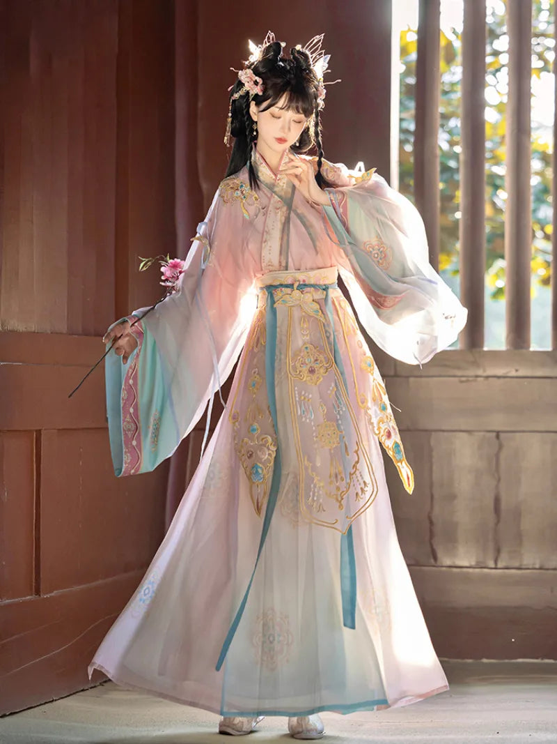 Wei Jin Dynasty traditional China outfit for women with wide sleeves and cross-collar design, perfect for spring and summer wear