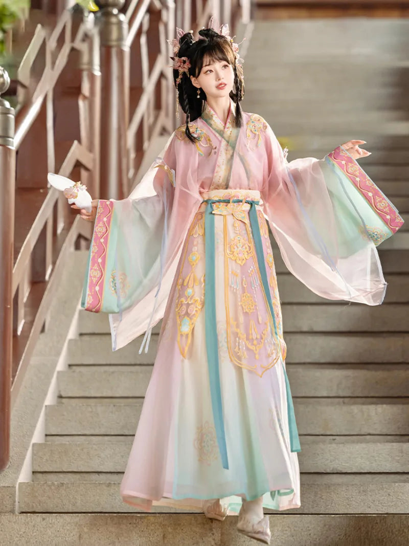 Wei Jin Dynasty traditional China outfit for women with wide sleeves and cross-collar design, perfect for spring and summer wear