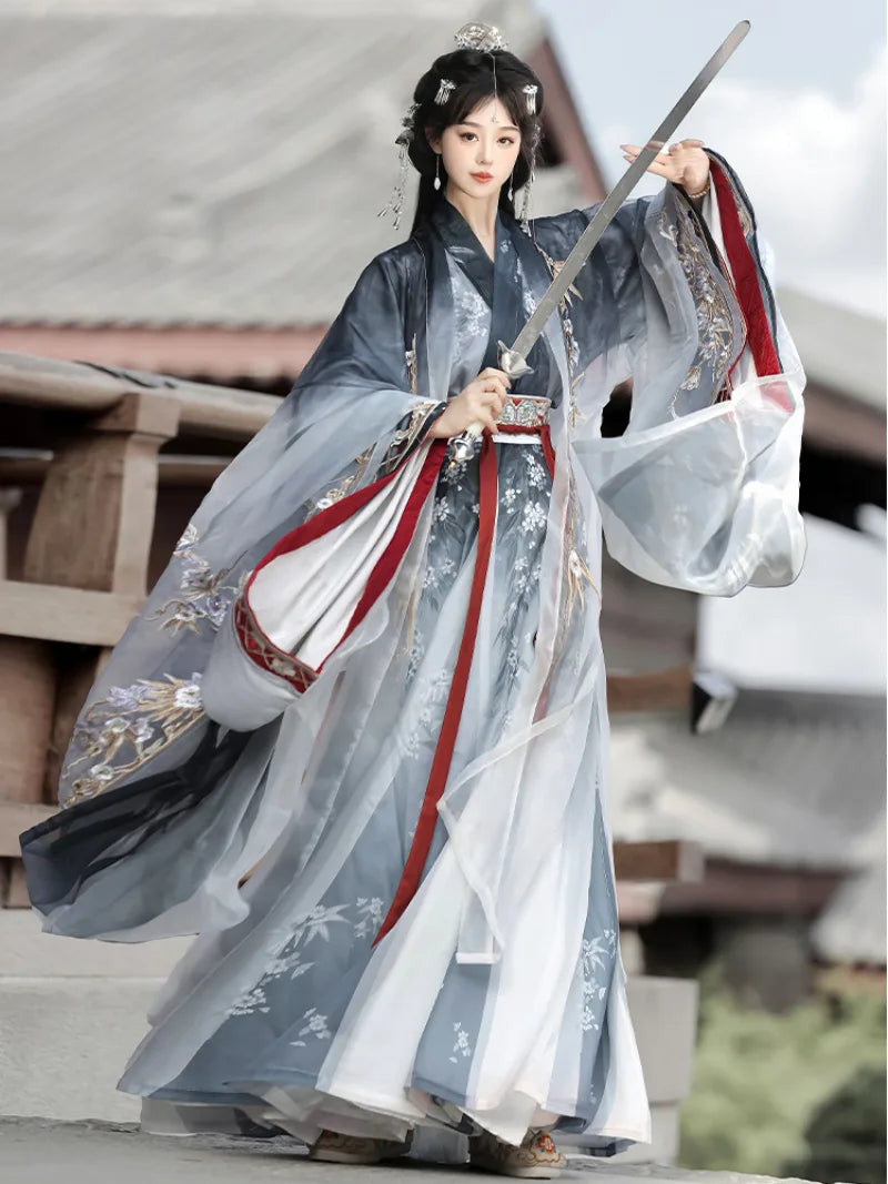 Elegant traditional Chinese clothes Wei Jin Hanfu set with cross-collar top and flowing skirt
