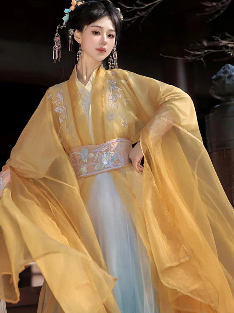 Elegant traditional Chinese costume with Wei Jin straight-hem design and flowing fairy-like silhouette.