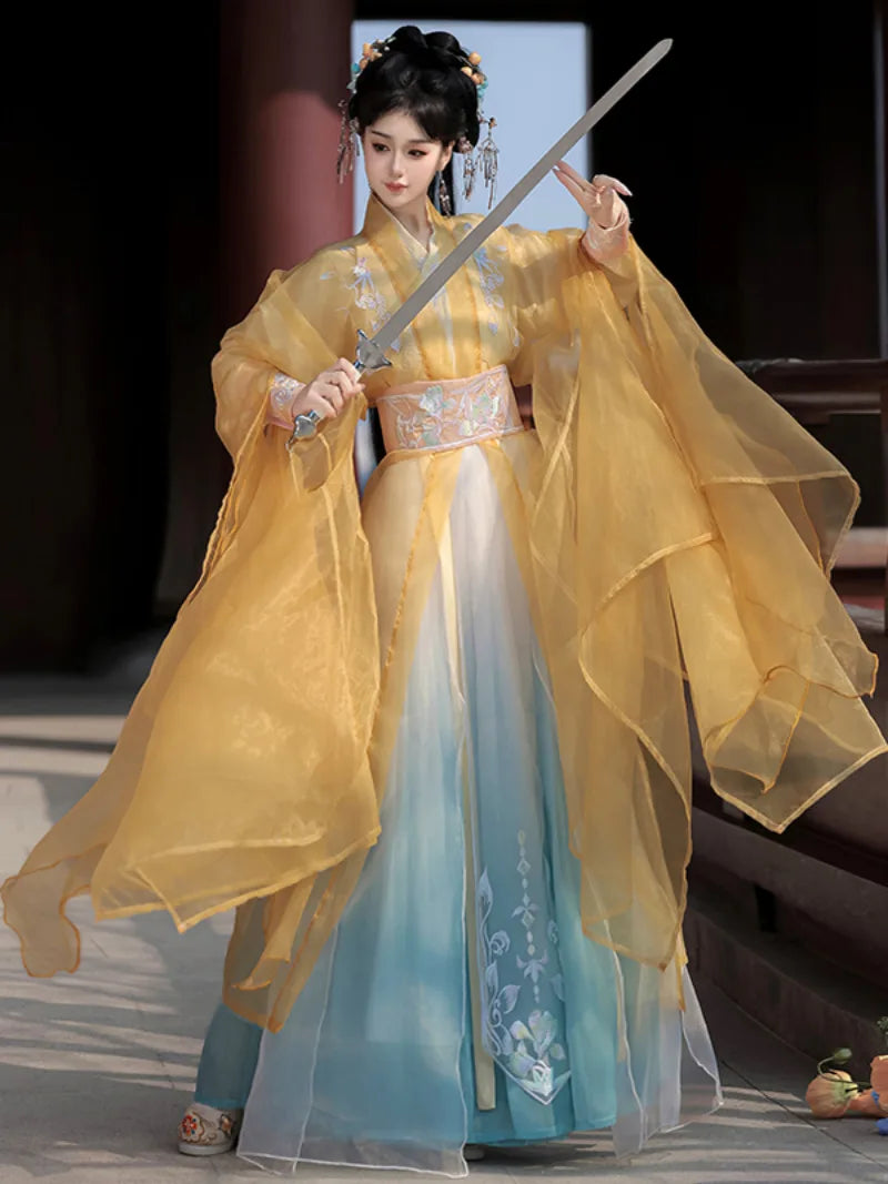 Elegant traditional Chinese costume with Wei Jin straight-hem design and flowing fairy-like silhouette.