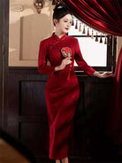 Red traditional qipao wedding dress with long sleeves, perfect for autumn winter brides, engagement, and homecoming events