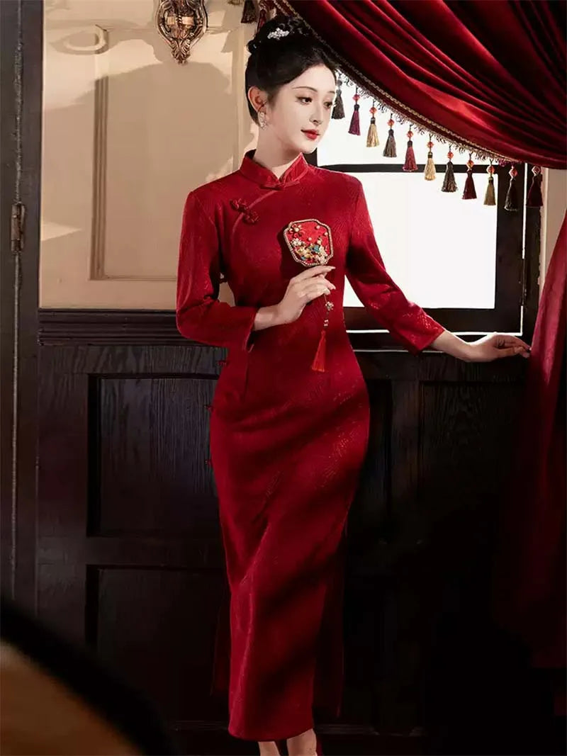 Traditional Qipao Wedding Dress | Beautiful Red Long Sleeve Chinese Bridal Gown