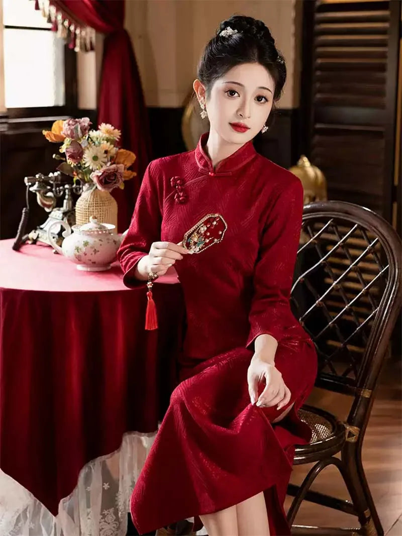 Traditional Qipao Wedding Dress | Beautiful Red Long Sleeve Chinese Bridal Gown
