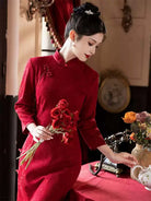 Red traditional qipao wedding dress with long sleeves, perfect for autumn winter brides, engagement, and homecoming events